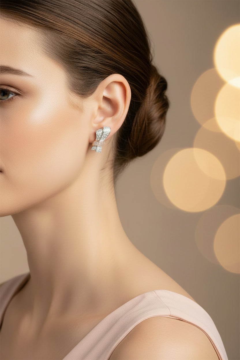 Pink & White Diamond Ribbon Earrings