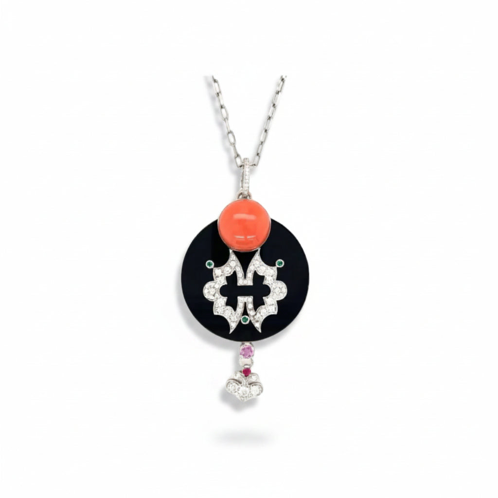 Coral, Onyx, Multicolored Sapphire & Diamond Pendant - K.S. Sze & Sons