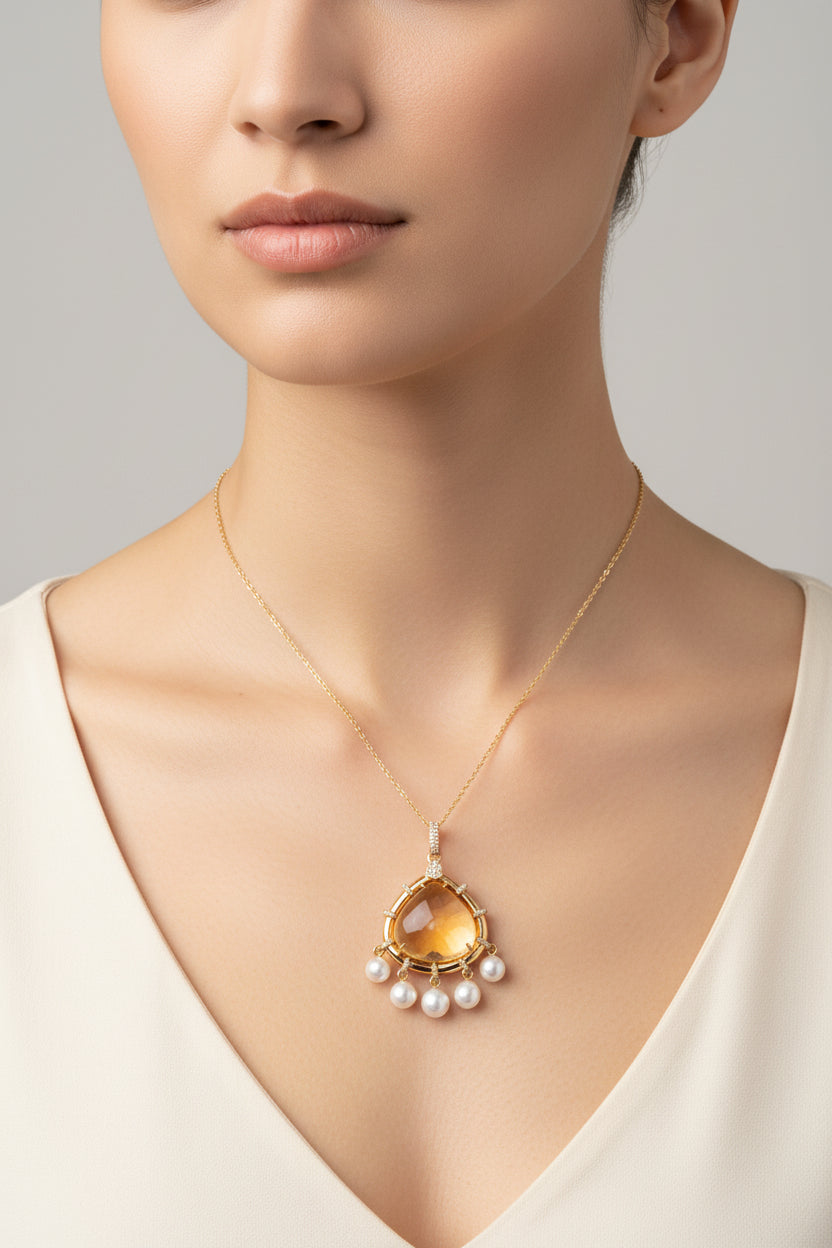 Citrine, Japanese Cultured Pearl & Diamond Pendant