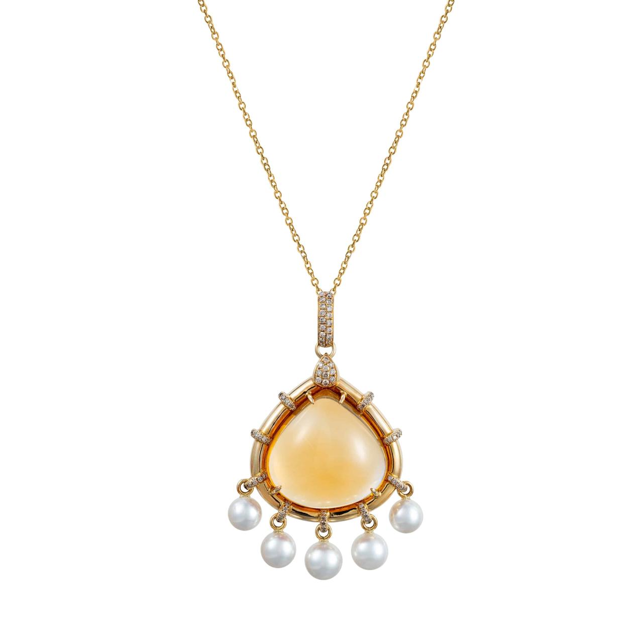 Citrine, Japanese Cultured Pearl & Diamond Pendant - K.S. Sze & Sons