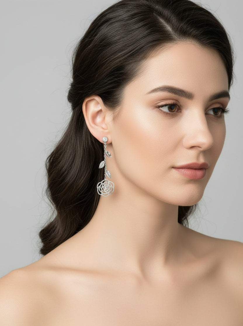 White Diamond Floral Drop Earrings
