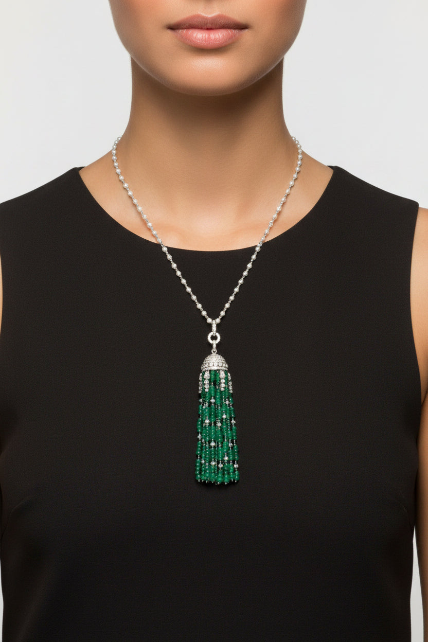 Emerald & White Diamond Tassel Pendant