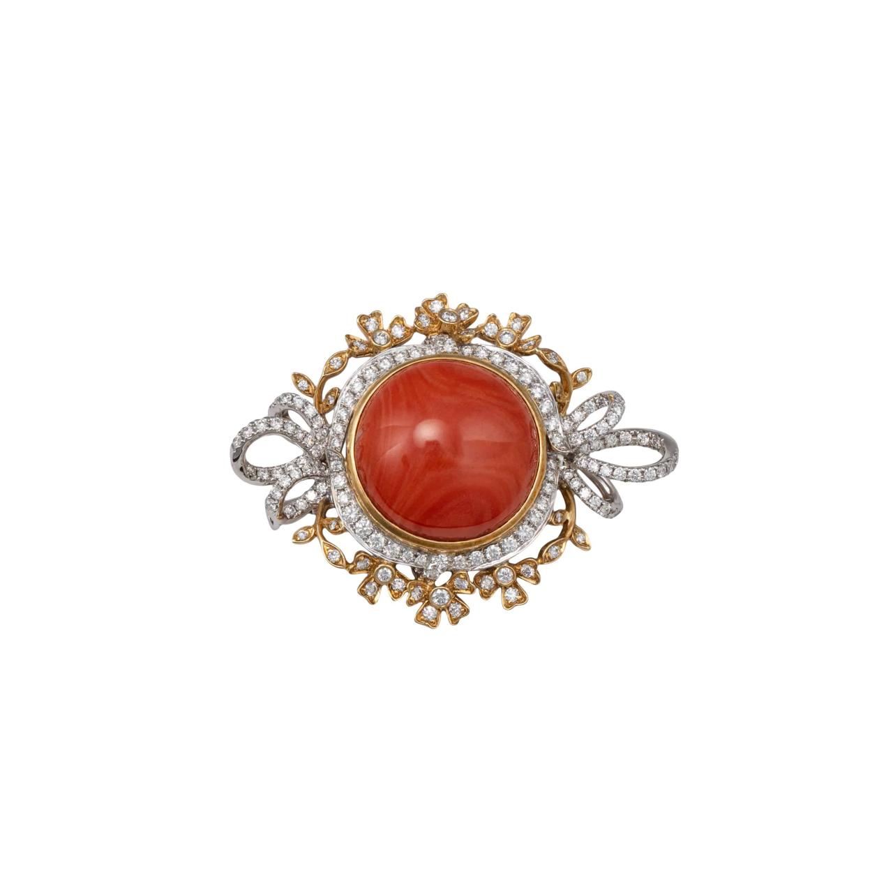 Coral & White Diamond Brooch - K.S. Sze & Sons