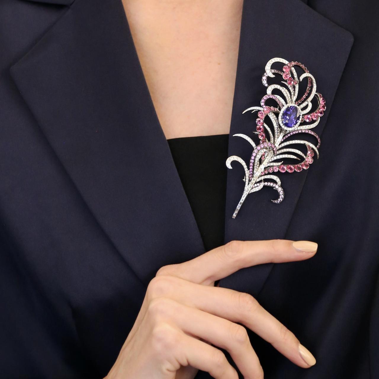 Tanzanite, Spinel, Sapphire & Diamond Feather Brooch - K.S. Sze & Sons