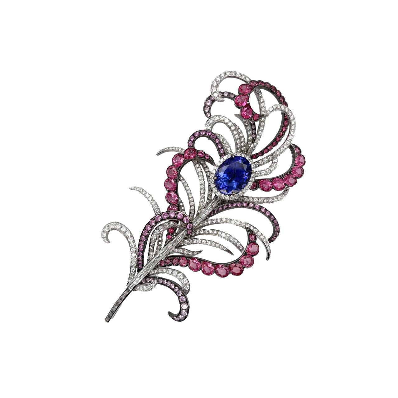 Tanzanite, Spinel, Sapphire & Diamond Feather Brooch - K.S. Sze & Sons