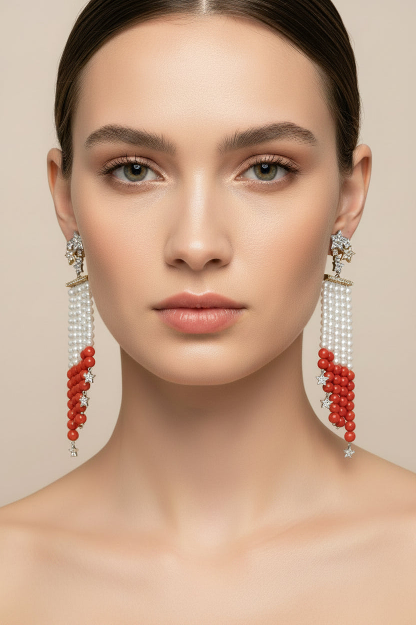 Coral, Pearl & Diamond Earrings