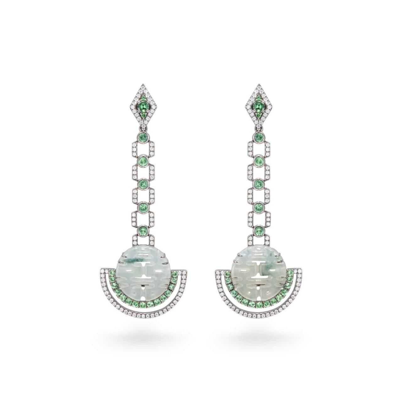 Jade Carving Earrings with Green Garnet & Diamond - K.S. Sze & Sons