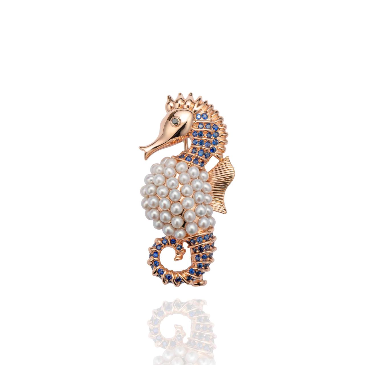 Freshwater Pearl, Sapphire & Diamond Seahorse Brooch - K.S. Sze & Sons