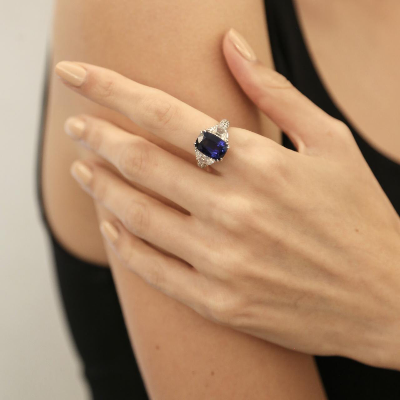 Cushion-Shaped Royal Blue Sapphire & Diamond Ring (GRS Certificate) - K.S. Sze & Sons