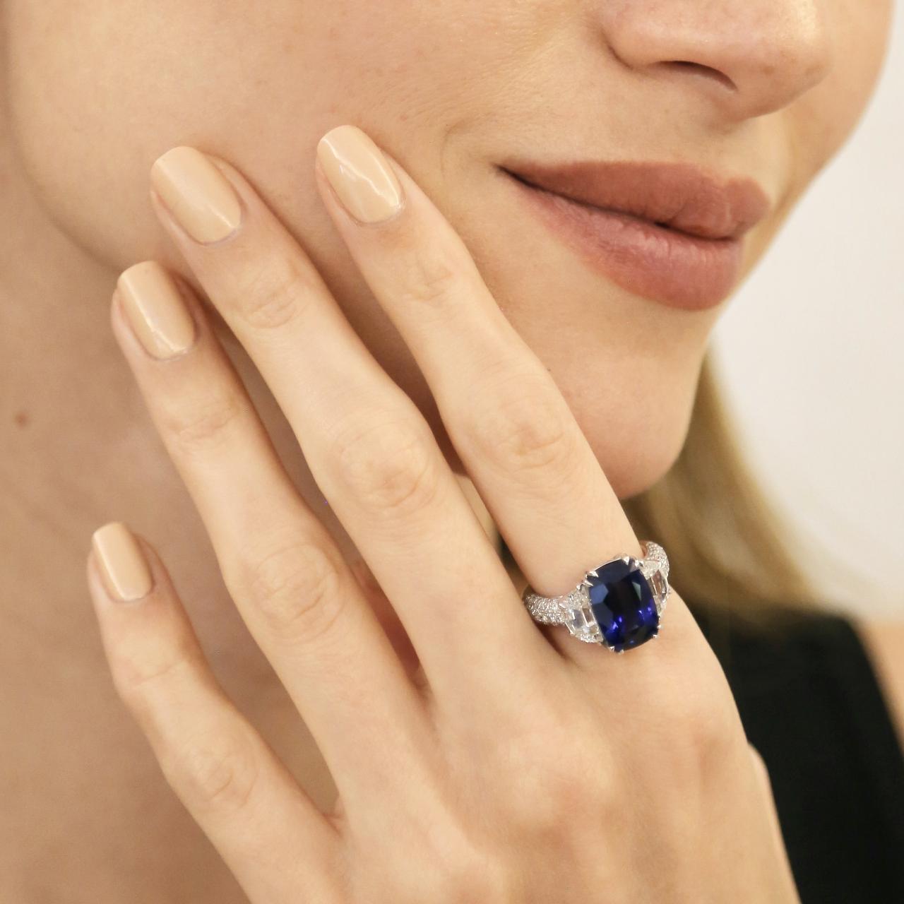 Cushion-Shaped Royal Blue Sapphire & Diamond Ring (GRS Certificate) - K.S. Sze & Sons