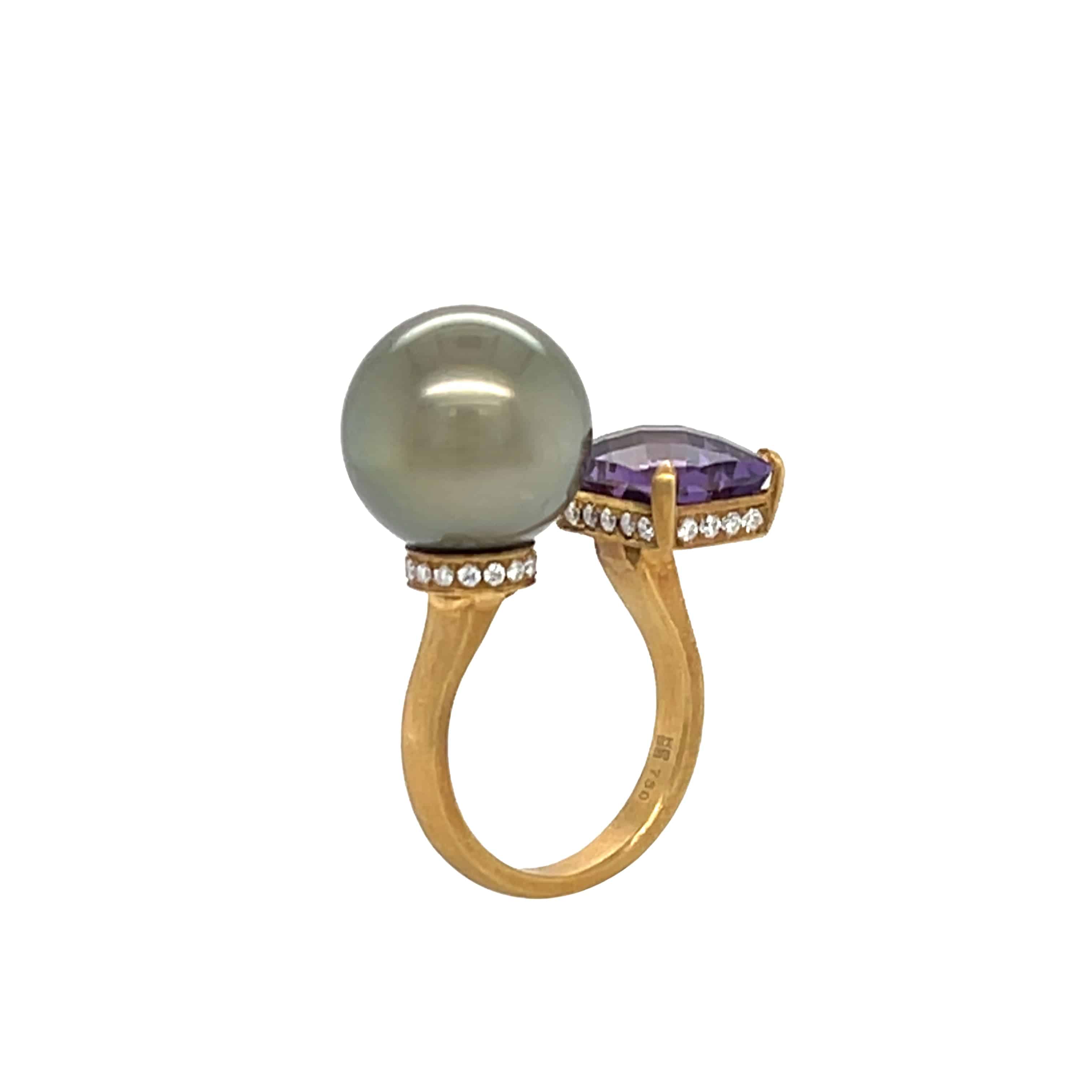 Tahitian South Sea Pearl, Amethyst, Sapphire & Diamond Ring