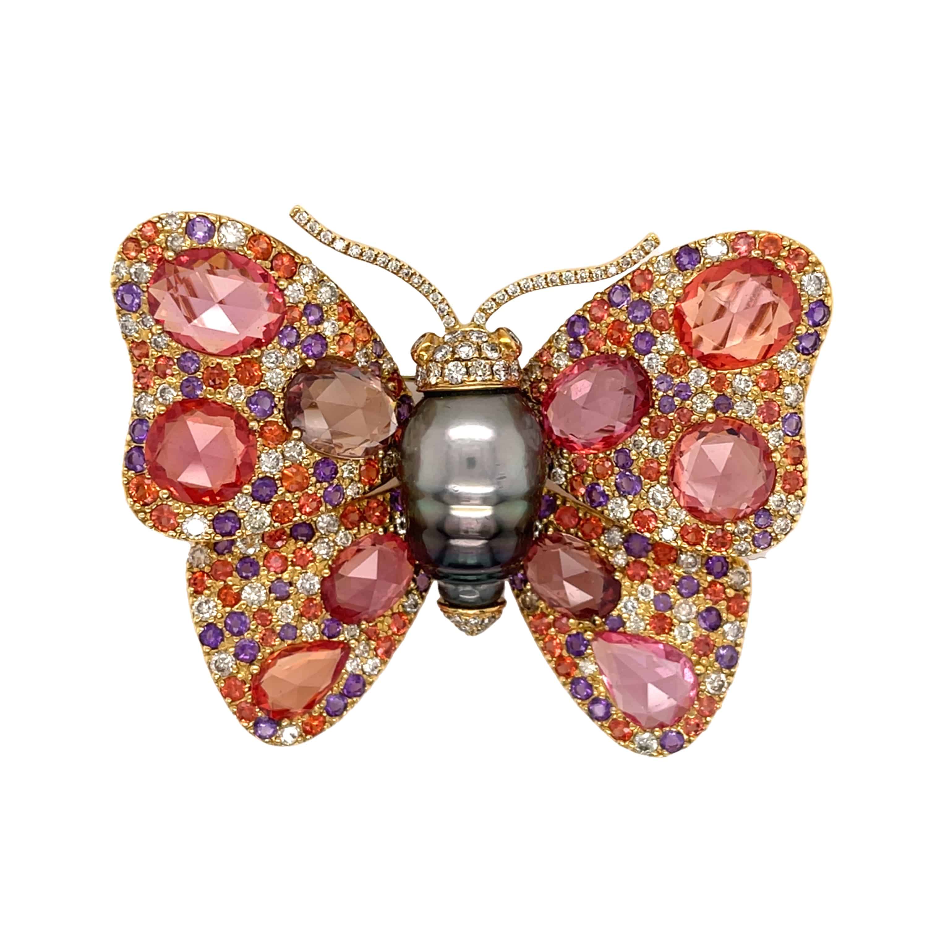 Tahitian South Sea Pearl, Sapphire, Amethyst & Diamond Butterfly Brooch
