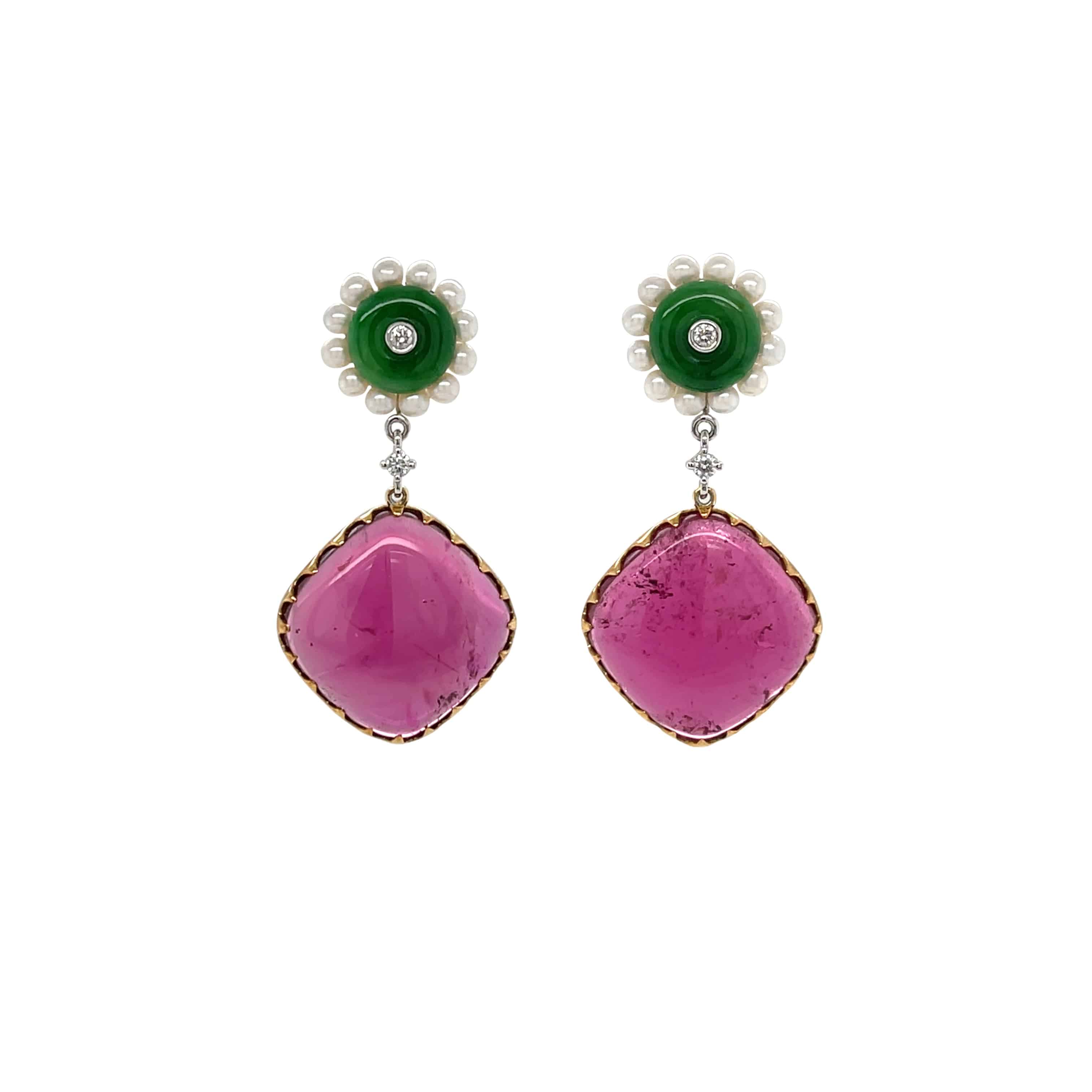 Tourmaline, Jade & Pearl Drop Earrings - K.S. Sze & Sons