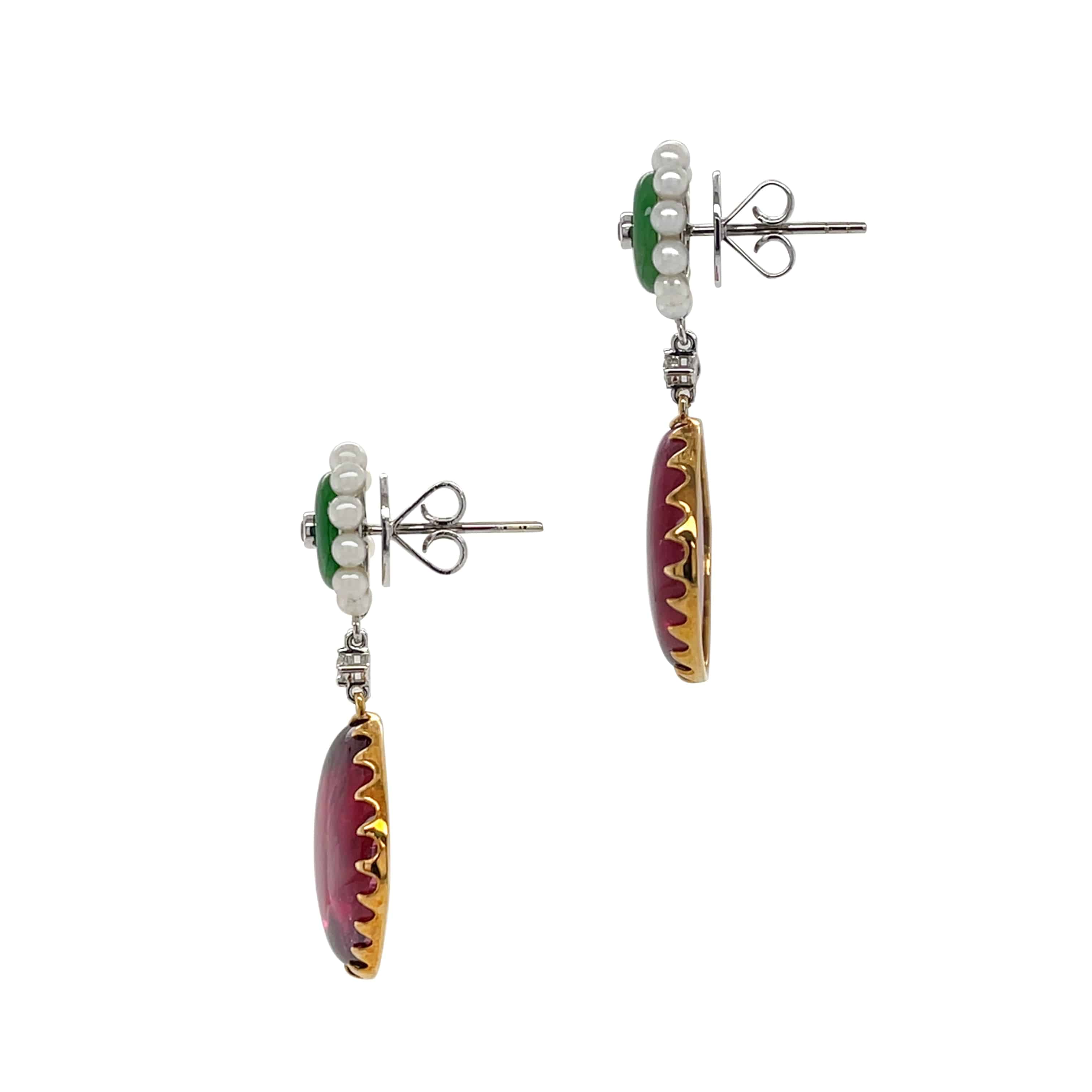 Tourmaline, Jade & Pearl Drop Earrings - K.S. Sze & Sons