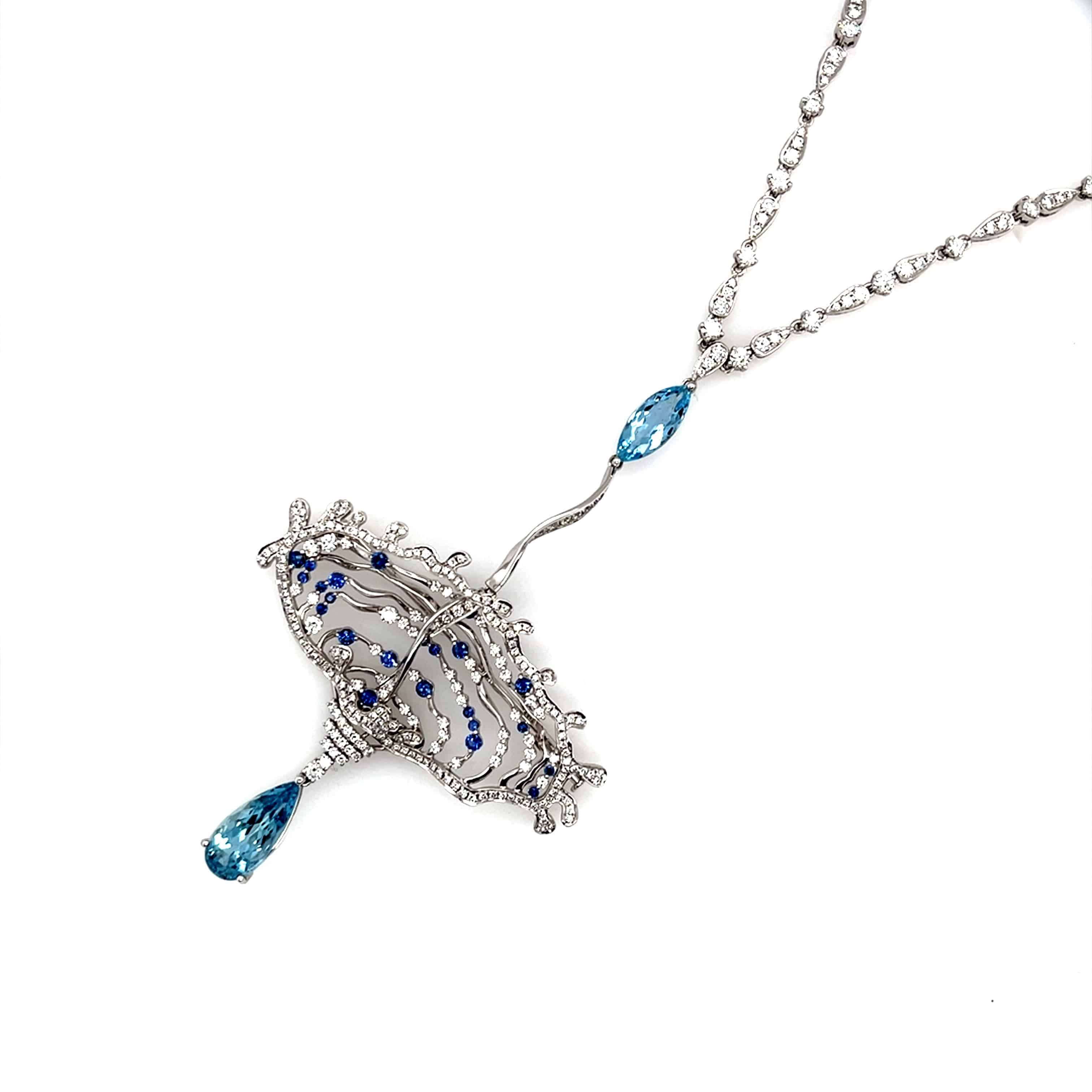 Transformational Aquarmarine, Sapphire & Diamond Necklace/Brooch