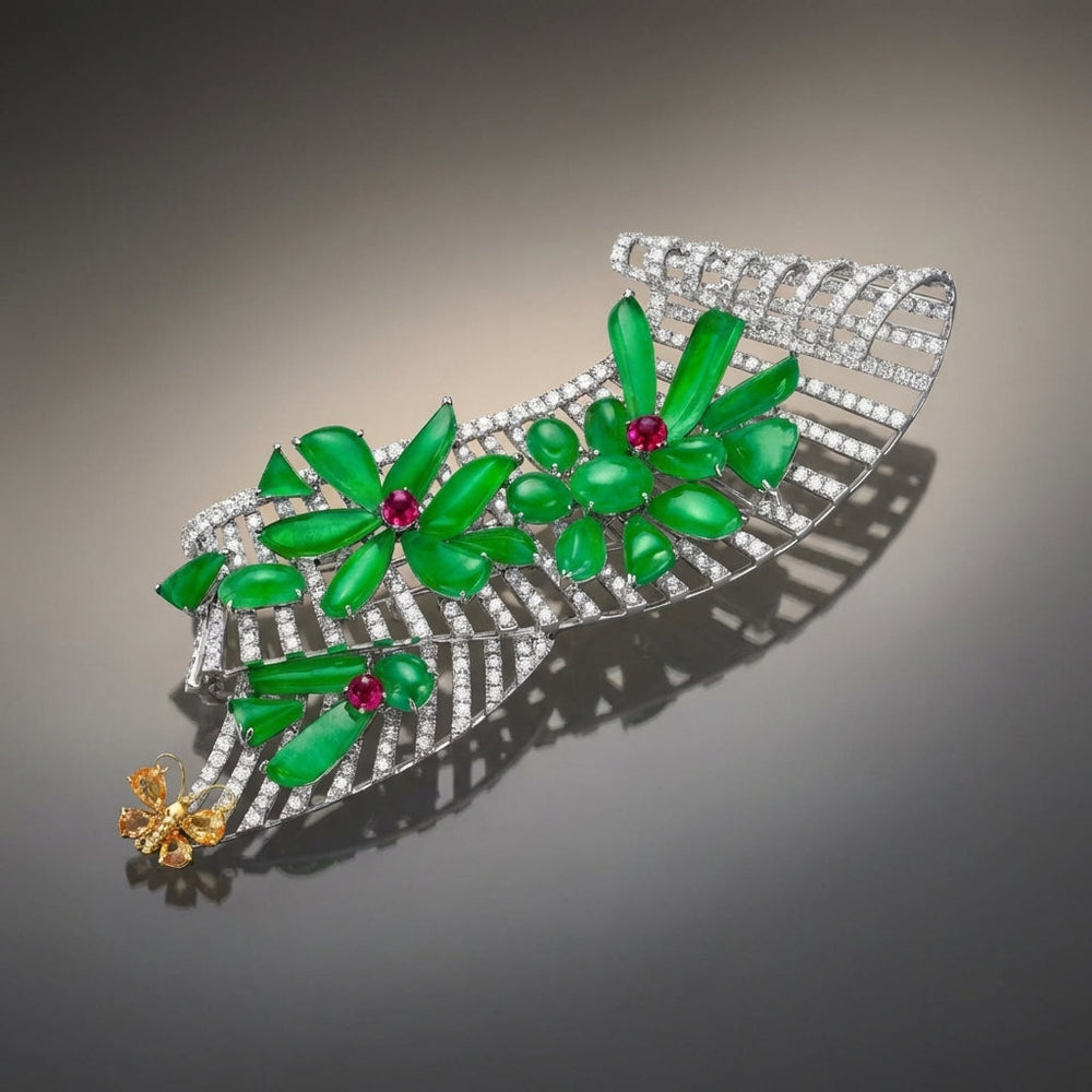 Luxury jewellery display of the Verdant Garden Diamond & Jadeite Brooch in 18K white gold against a grey gradient background, highlighting elegance and craftsmanship.