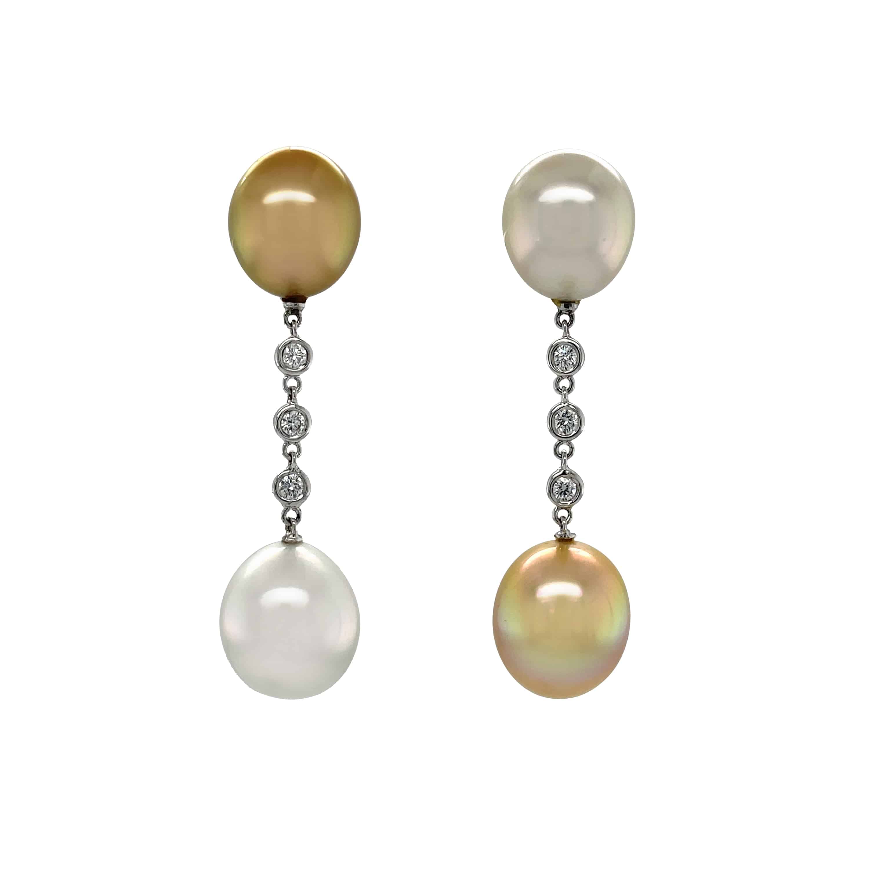 White and Golden South Sea Pearl & Diamond Earrings - K.S. Sze & Sons