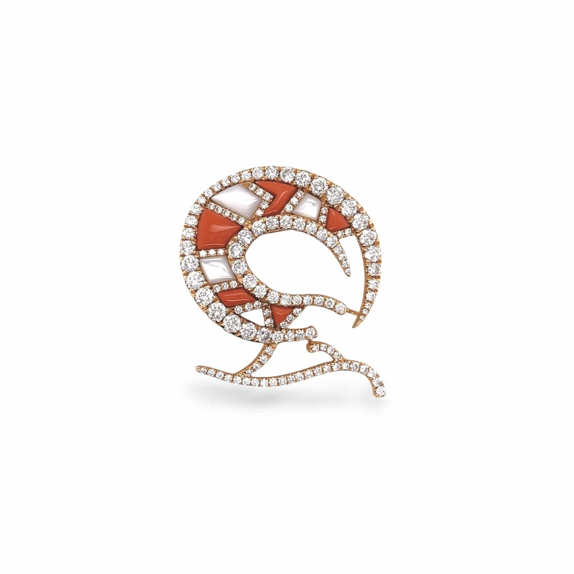 White Diamond, Coral & Mother of Pearl Brooch - K.S. Sze & Sons