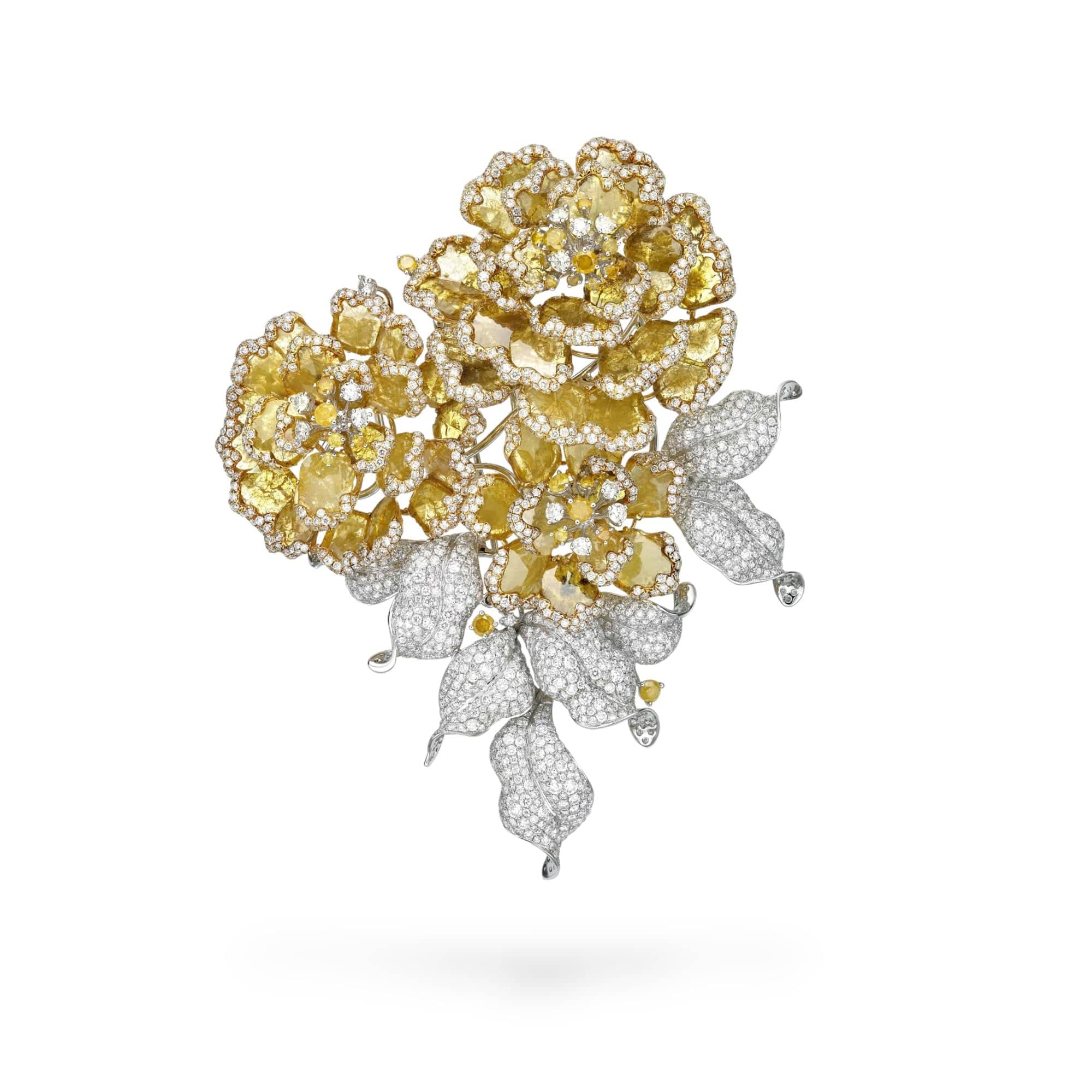 Yellow & White Diamond Bouquet of Flowers Brooch - K.S. Sze & Sons