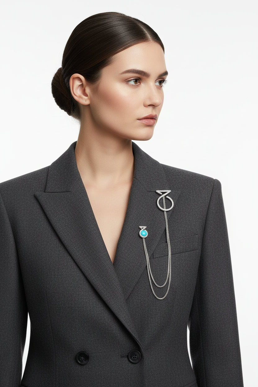 Brooch Pin Lapel Chain With Amazonite And Diamonds