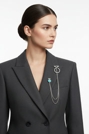 Brooch Pin Lapel Chain With Amazonite And Diamonds
