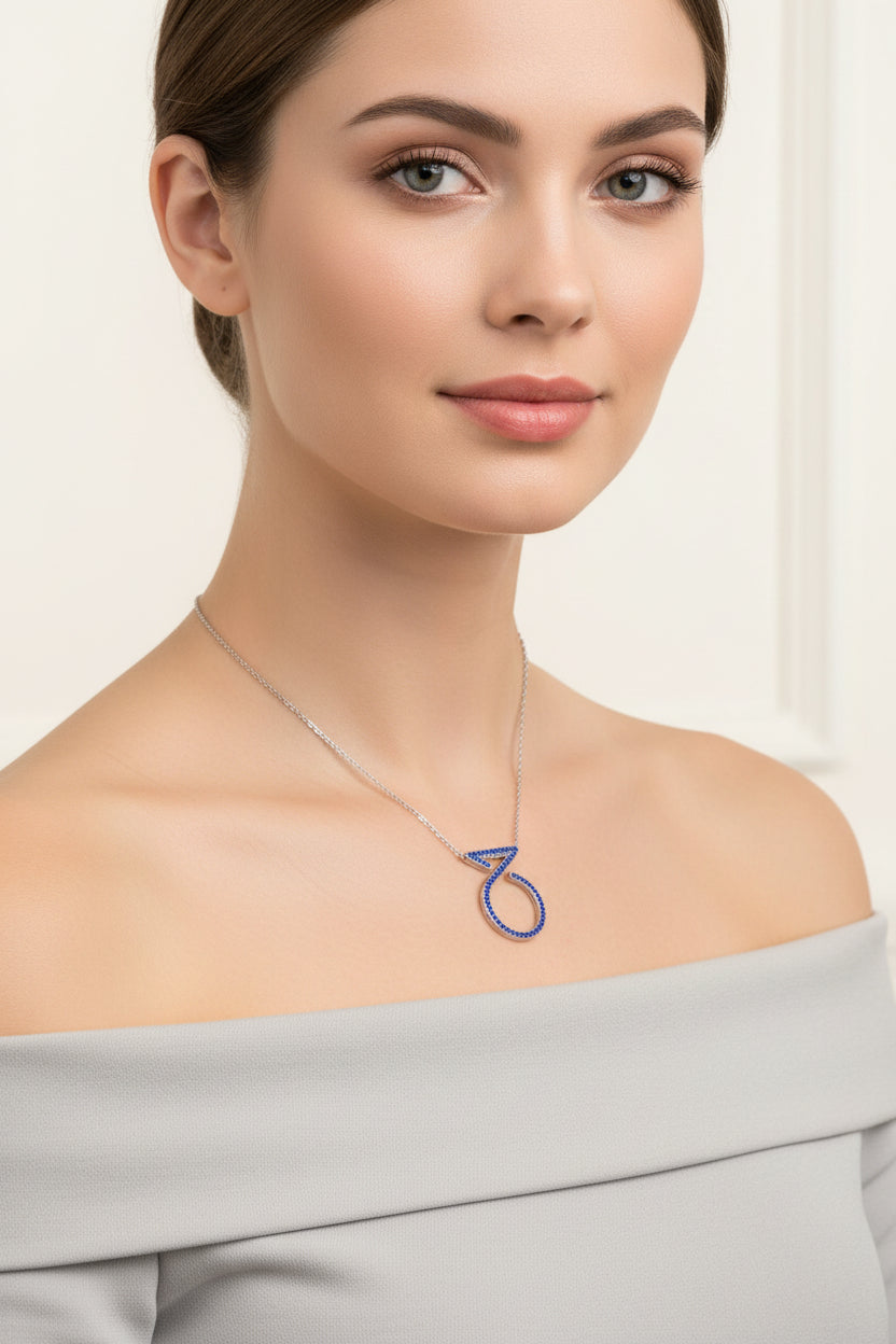 Pendant Ring Necklace In White Gold With Sapphire