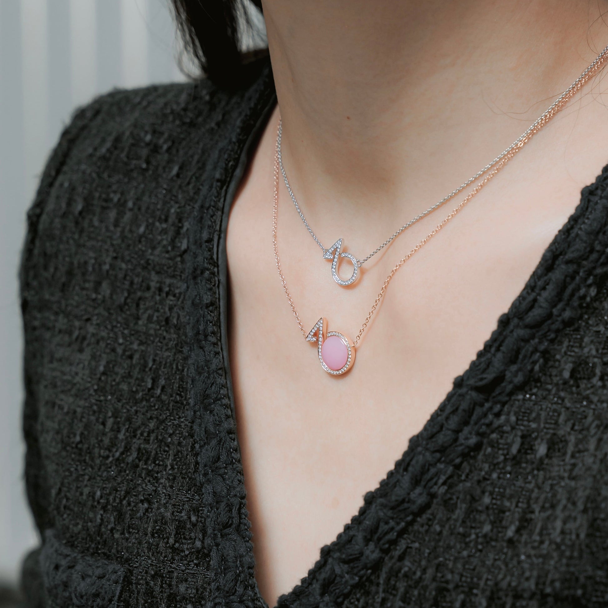 18K Rose Gold Necklace with Pink Opal and Diamonds