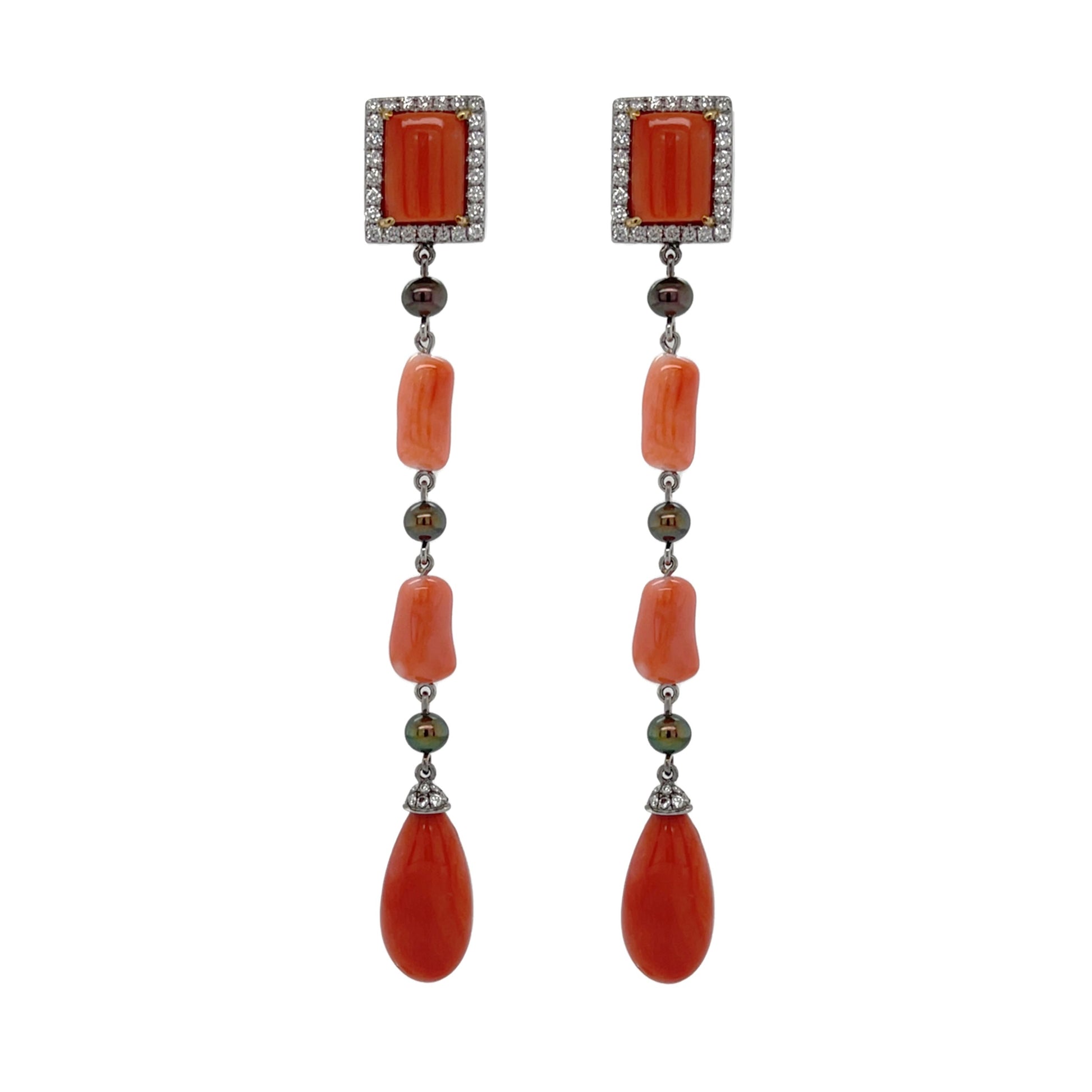 18K Coral, Freshwater Pearl & Diamond Earrings - K.S. Sze & Sons