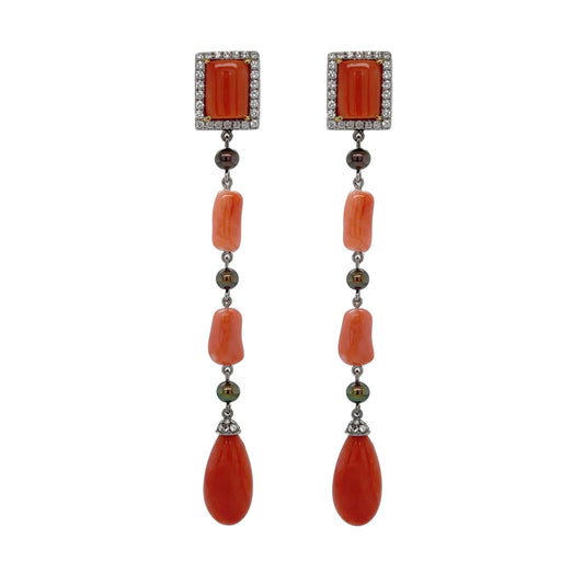 18K Coral, Freshwater Pearl & Diamond Earrings - K.S. Sze & Sons