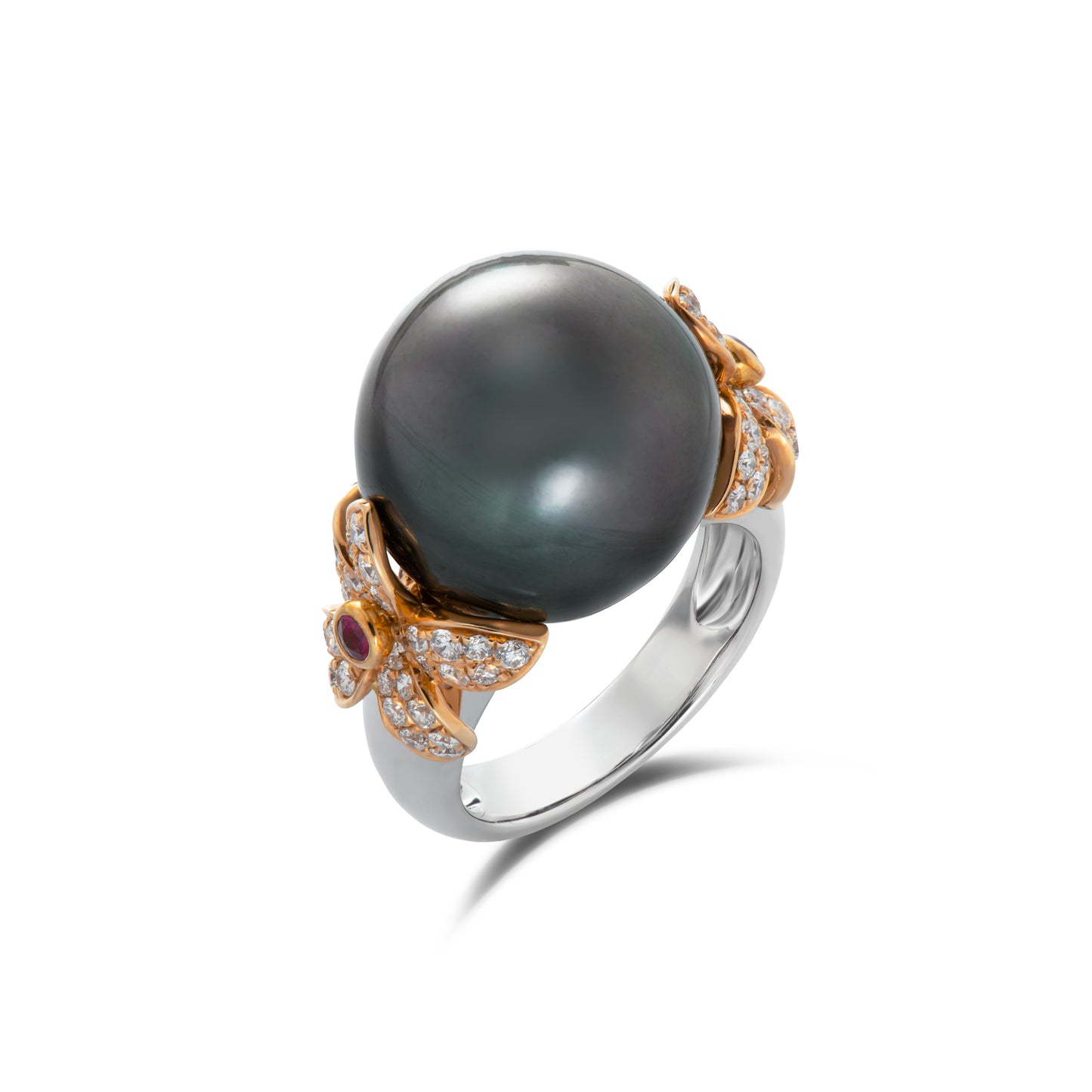 18K Tahitian South Sea Pearl, Diamond & Ruby Ring - K.S. Sze & Sons
