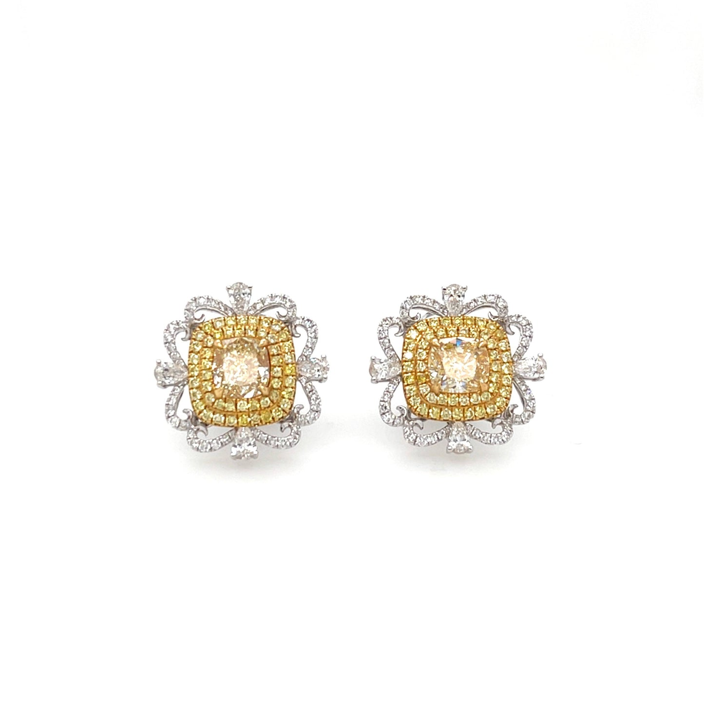 18K Cushion Shaped Fancy Yellow Diamond Earrings - K.S. Sze & Sons