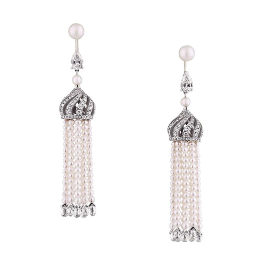 FABERGE 18K Diamond & Pearl Tassel Earrings - K.S. Sze & Sons